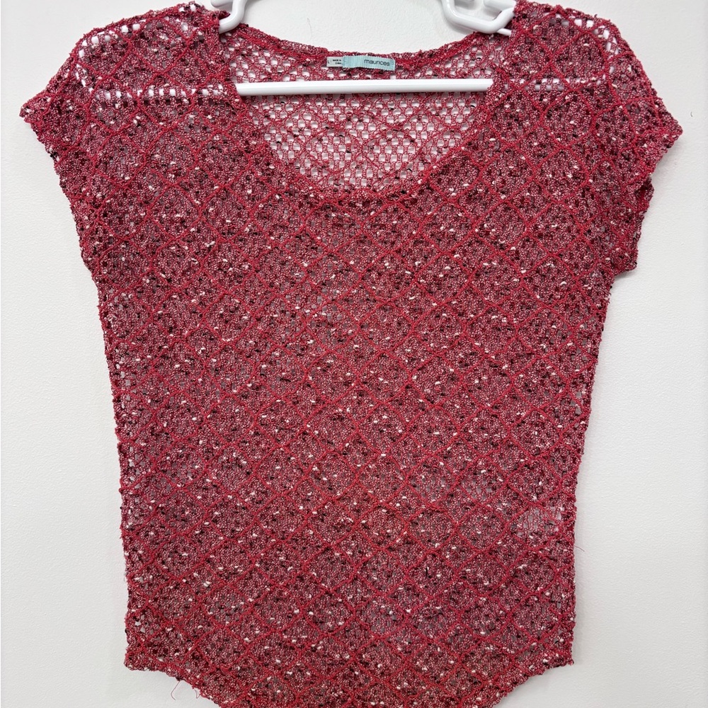 L Maurices Open Knit Mesh Short Sleeve Top